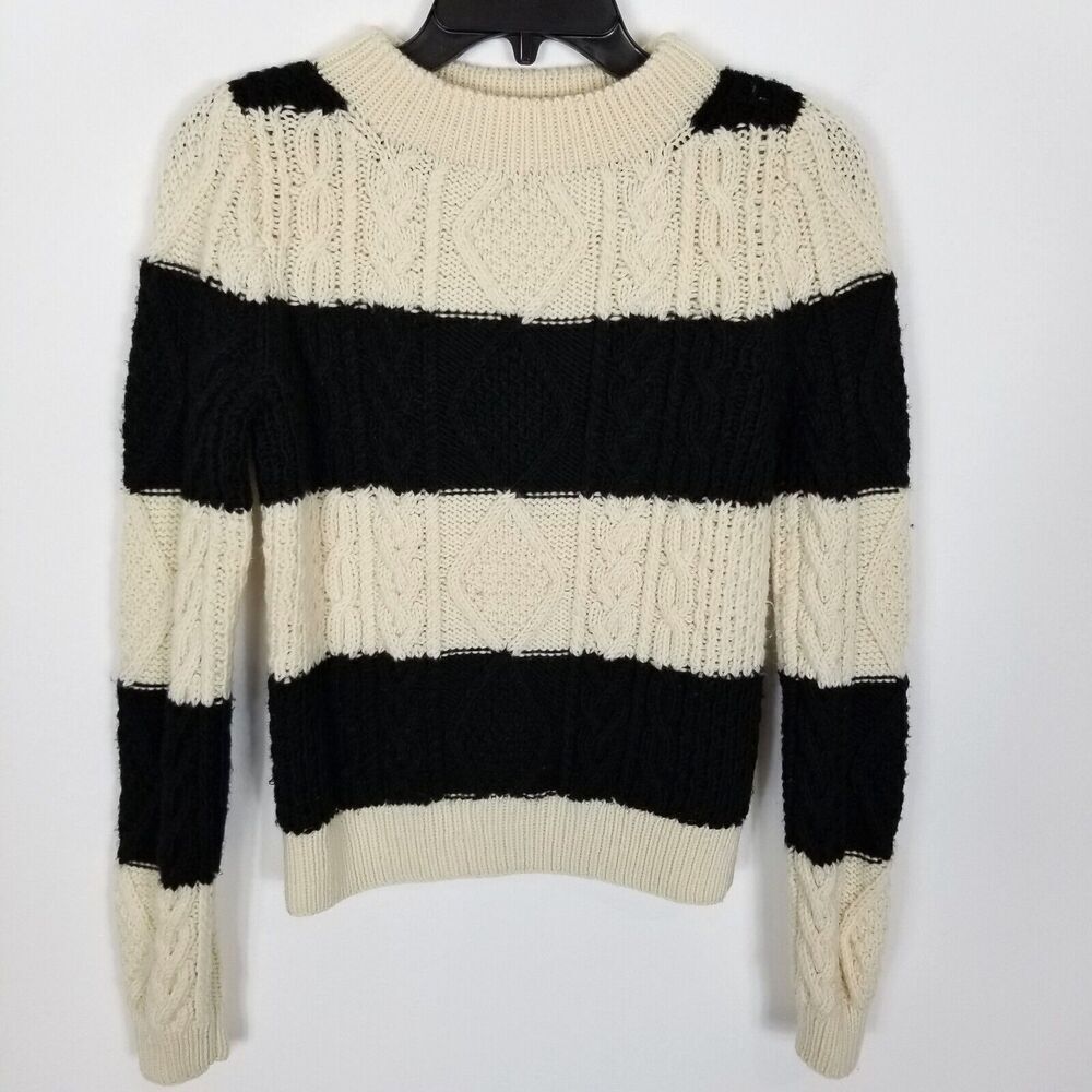 J. CREW HANDKNIT Women Fisherman Chunky Wool Sweater Size XS Black White Stripe